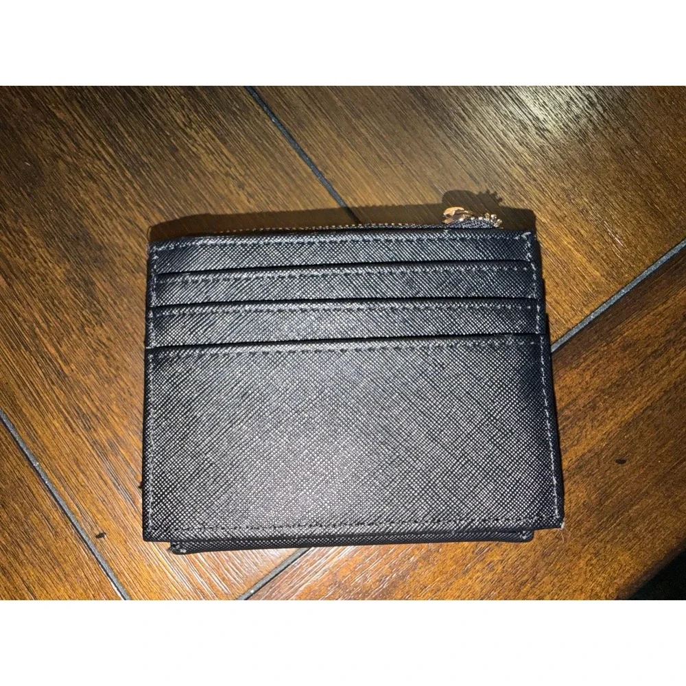 Anne Klein Black Saffiano Vegan Leather Slim Card Case Zip Wallet Gold Hardware